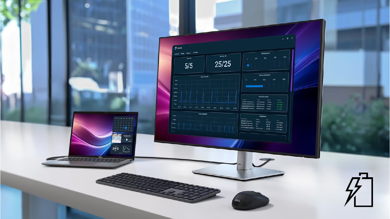 Kit Dell Pro KM726 em estação de trabalho moderna com monitor e notebook Dell