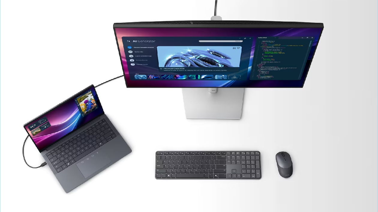 Visão aérea da mesa de trabalho minimalista com teclado, mouse, monitor e notebook Dell