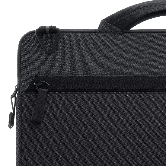 Detalhe do tecido 400D, zíper reforçado e alça acolchoada da maleta Dell EcoLoop Pro Plus