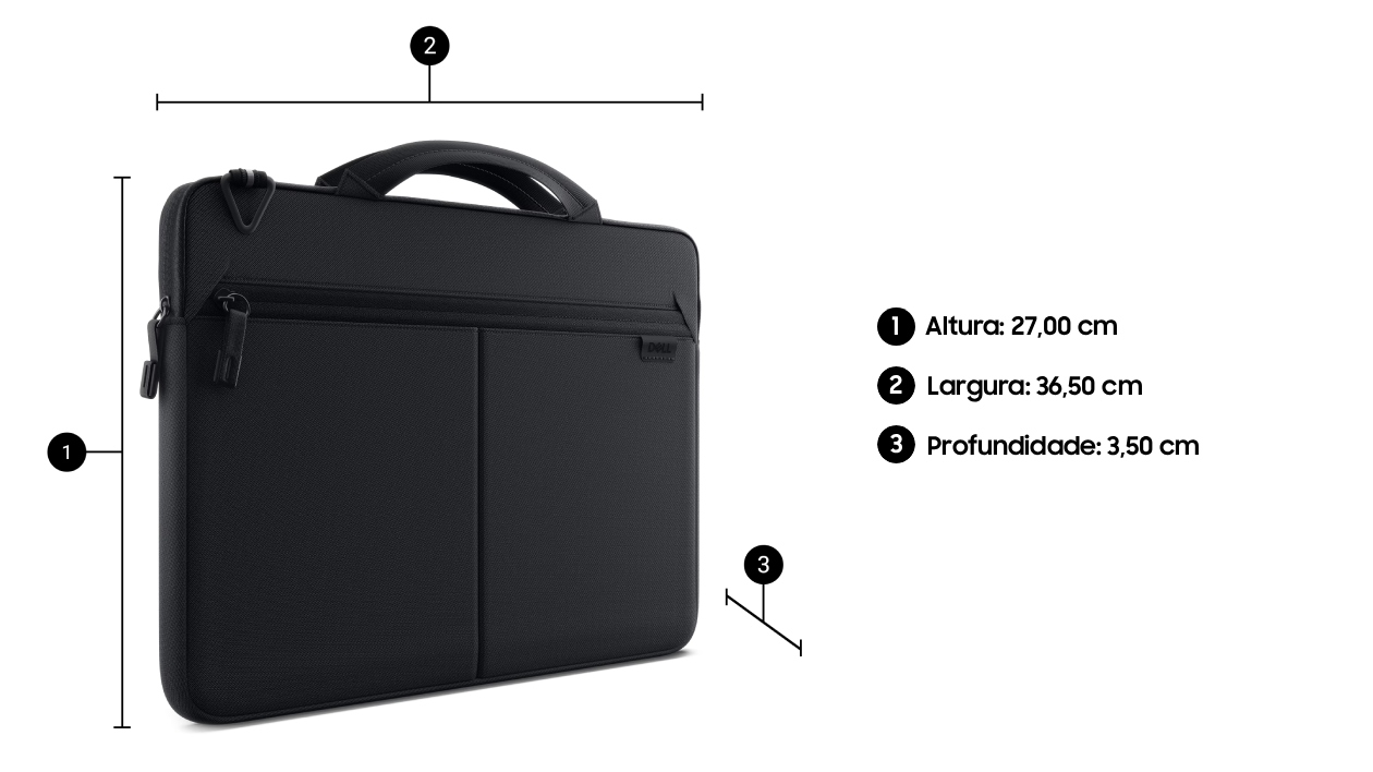 Infográfico com dimensões da maleta Dell EcoLoop Pro Plus: 36,5 x 27 x 3,5 cm