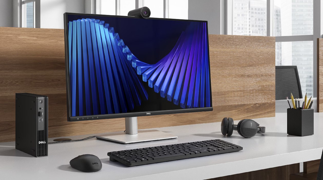 Kit Dell Pro KM526 em estação de trabalho corporativa com OptiPlex Micro, monitor e headset
