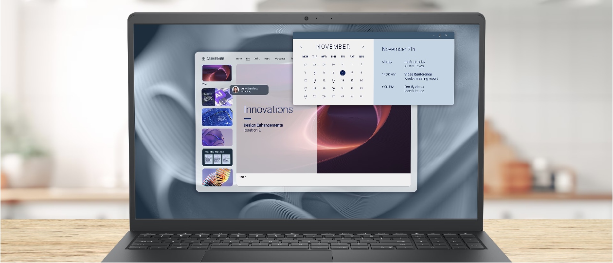 Notebook Dell Pro 15 multitarefa com apresentação e calendário
