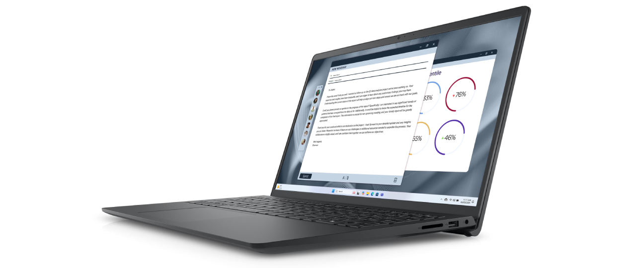 Notebook Dell Pro 15 Essential PV15250 vista lateral design slim preto carbono