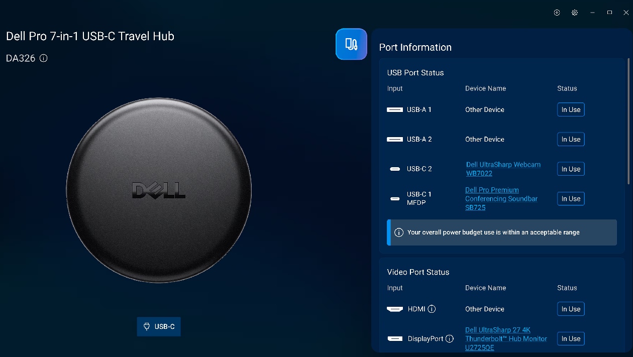 Interface Dell Peripheral Manager mostrando status das portas USB-A USB-C HDMI DisplayPort e gerenciamento de energia do DA326