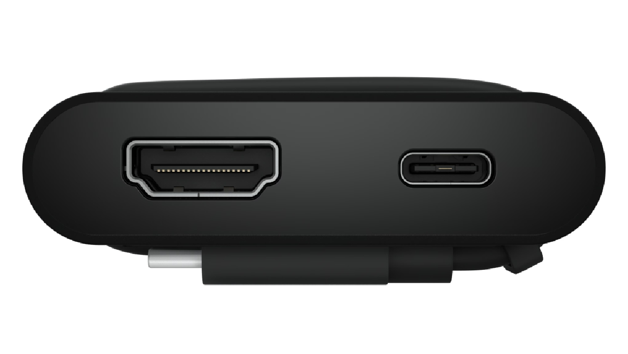 Close-up do Dell Pro DA225 mostrando as portas HDMI e USB-C na face frontal, com detalhe do cabo USB-C retrátil que se enrola ao redor do corpo do hub para transporte protegido