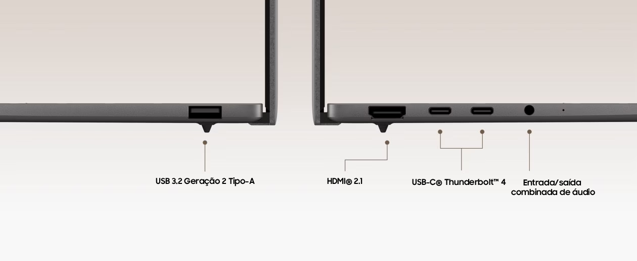 Portas Thunderbolt 4, HDMI 2.1, USB 3.2 e áudio do ASUS Zenbook S 14