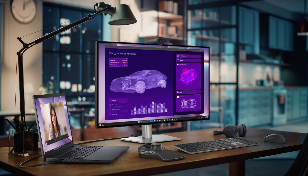 Estação de trabalho profissional Dell Pro Max 16 com monitor externo e periféricos
