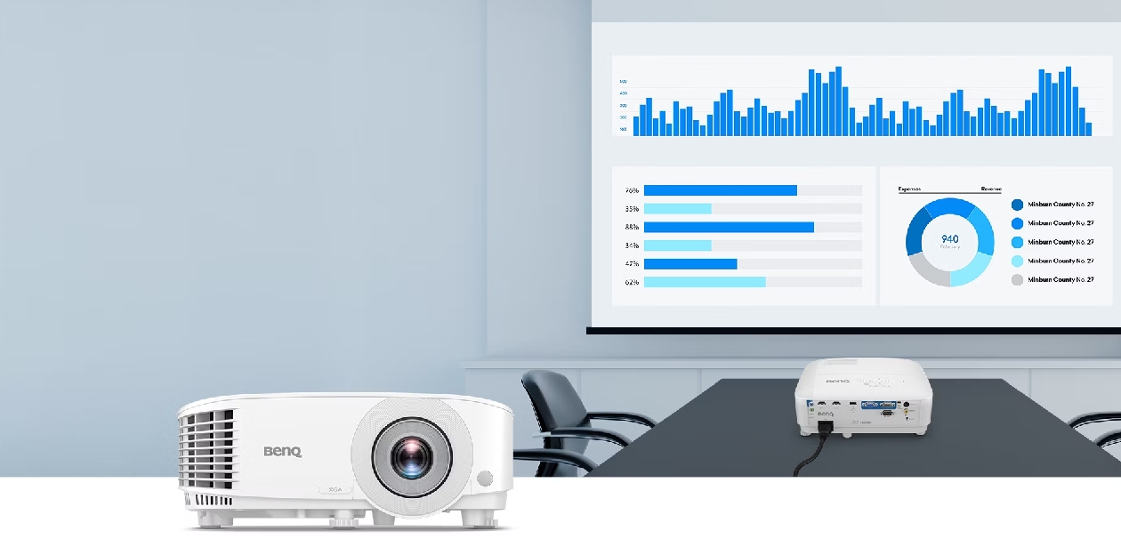 Projetor BenQ MX560C posicionado em mesa de conferência projetando gráficos de barras e relatórios financeiros em tela ampla durante reunião executiva