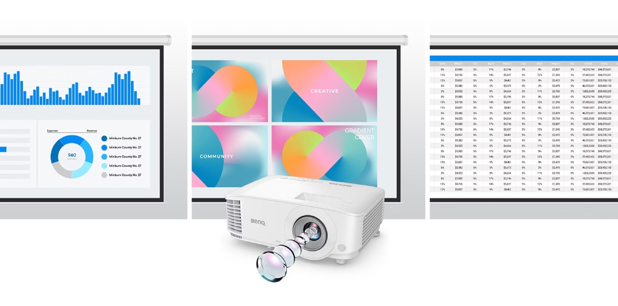 Vista explodida do conjunto de lentes de vidro do projetor BenQ MX560C demonstrando clareza em gráficos analíticos, conteúdo criativo com gradientes e planilhas com números precisos
