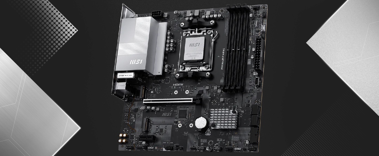 Visão geral em perspectiva da placa-mãe MSI PRO B840M-P WiFi6E com dissipadores prateados, 4 slots DDR5 e slot PCIe Steel Armor