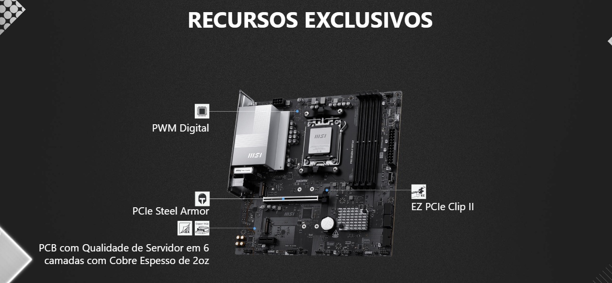 Infográfico de Recursos Exclusivos: PWM Digital, PCIe Steel Armor, PCB Server-Grade e EZ PCIe Clip II