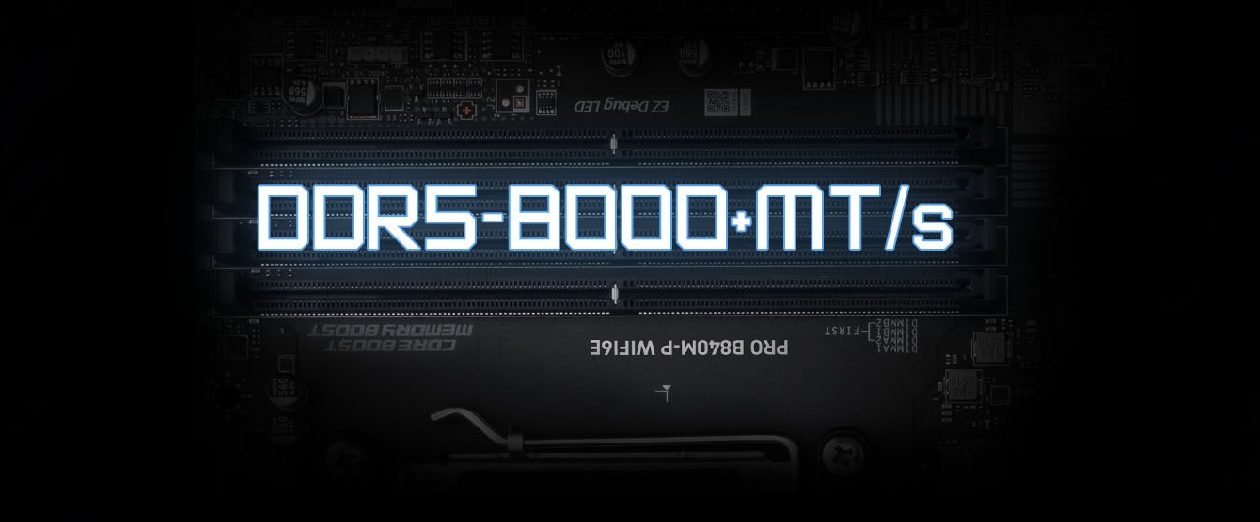 Detalhe dos 4 slots de memória DDR5 com suporte a overclock de 8000+ MT/s