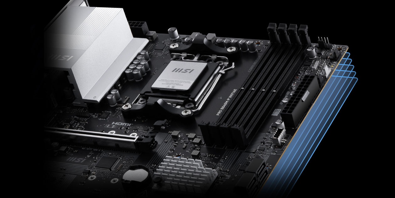 Detalhe do soquete AM5 e linhas de circuito do PCB de 6 camadas com cobre espessado