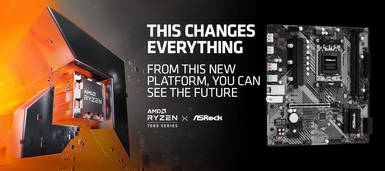 Banner oficial AMD AM5 com visão superior da placa-mãe ASRock B650M-H/M.2+ e slogan This Changes Everything