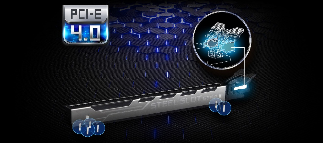Slot PCIe 4.0 x16 com revestimento metálico Steel Slot da ASRock B650M-H/M.2+ reforçado contra torções de placas de vídeo pesadas