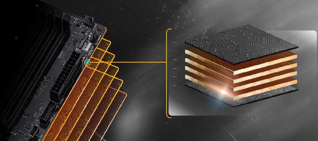 Corte esquemático do PCB multicamadas da ASRock B650M-H/M.2+ com camadas internas de cobre otimizadas para PCIe Gen5 e DDR5