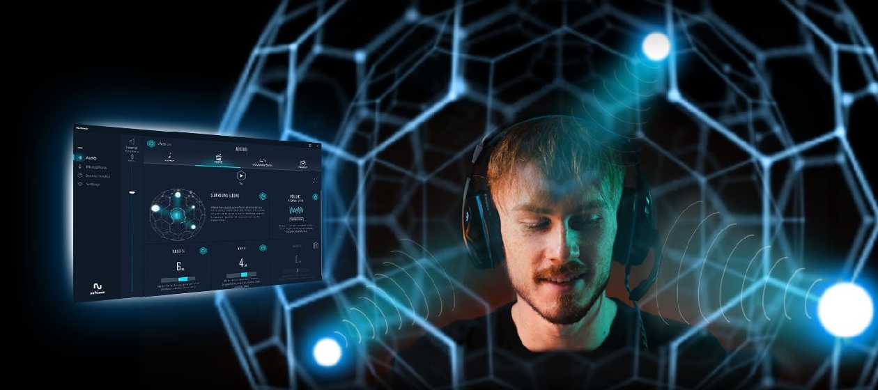 Interface do software Nahimic Audio com controles de som espacial Surround 3D, cancelamento de ruído e equalização personalizada