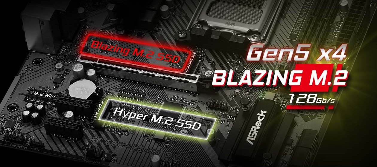 Dois slots M.2 da ASRock B650M-H/M.2+: slot Blazing M.2 PCIe Gen5 x4 e slot Hyper M.2 PCIe Gen4 x4 para SSDs NVMe de alta velocidade