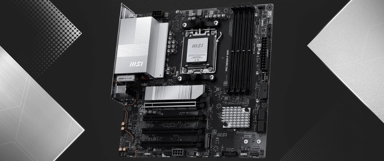 Vista geral da placa-mãe MSI PRO B850M-P WiFi em perspectiva sobre fundo escuro