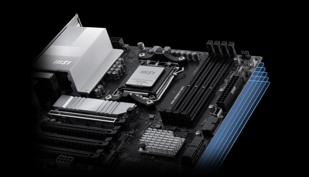 Close-up do soquete AM5, VRM e indicação do PCB em 6 camadas da MSI PRO B850M-P
