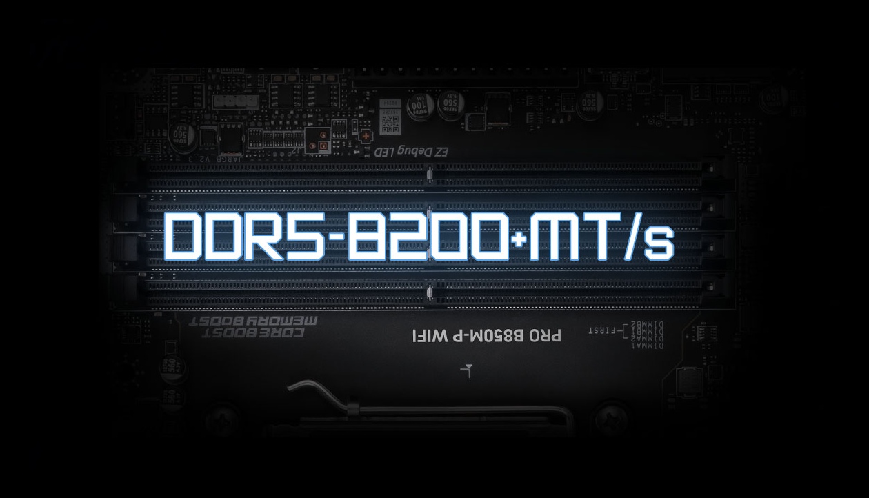 Detalhe dos slots de memória DDR5 com destaque para suporte a DDR5-8200+ MT/s