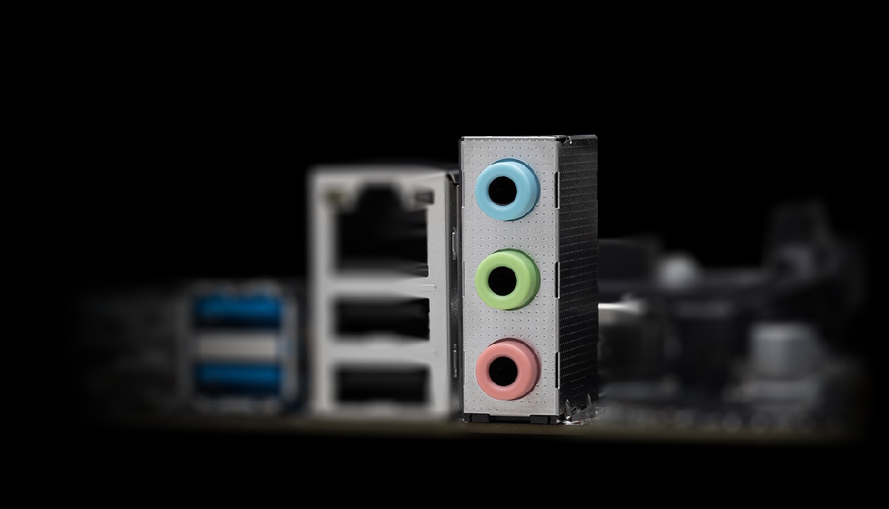 Macro foto dos conectores de áudio analógico banhados da MSI PRO B850M-P