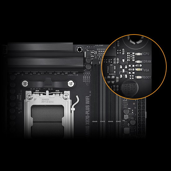 Luzes de diagnóstico Q-LED na placa-mãe Asus TUF X870-Plus indicando status de CPU, DRAM, VGA e Boot