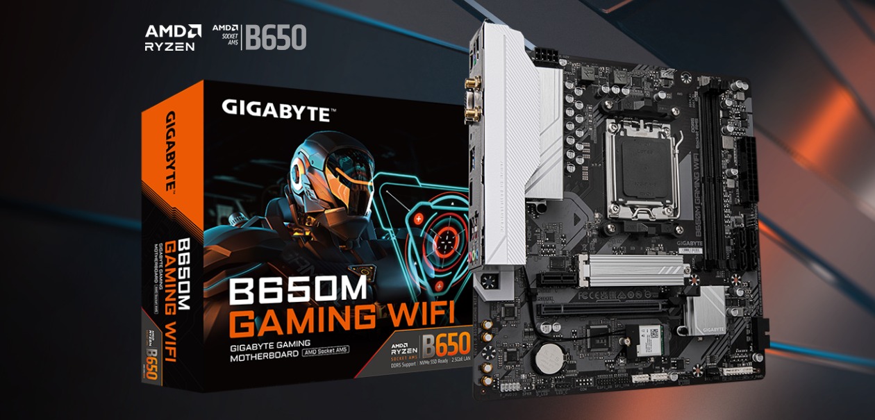 Caixa e placa-mãe Gigabyte B650M Gaming WiFi em perspectiva, com embalagem estilo gaming e heatsinks prateados