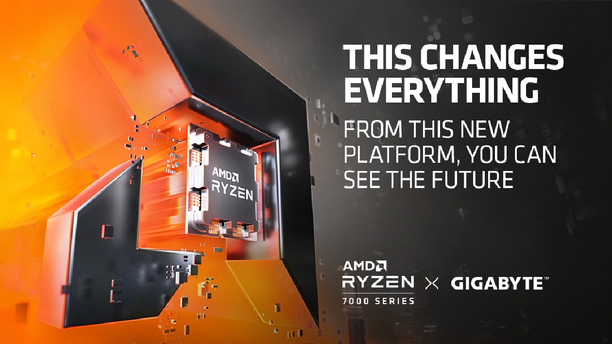 Banner de lançamento da plataforma AM5 com o texto This Changes Everything - AMD Ryzen 7000 Series x GIGABYTE
