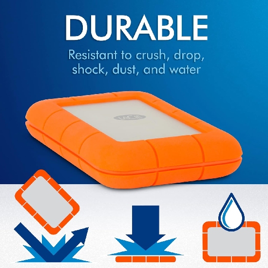Infografico de durabilidade do HD LaCie Rugged com icones de queda, esmagamento, poeira e agua
