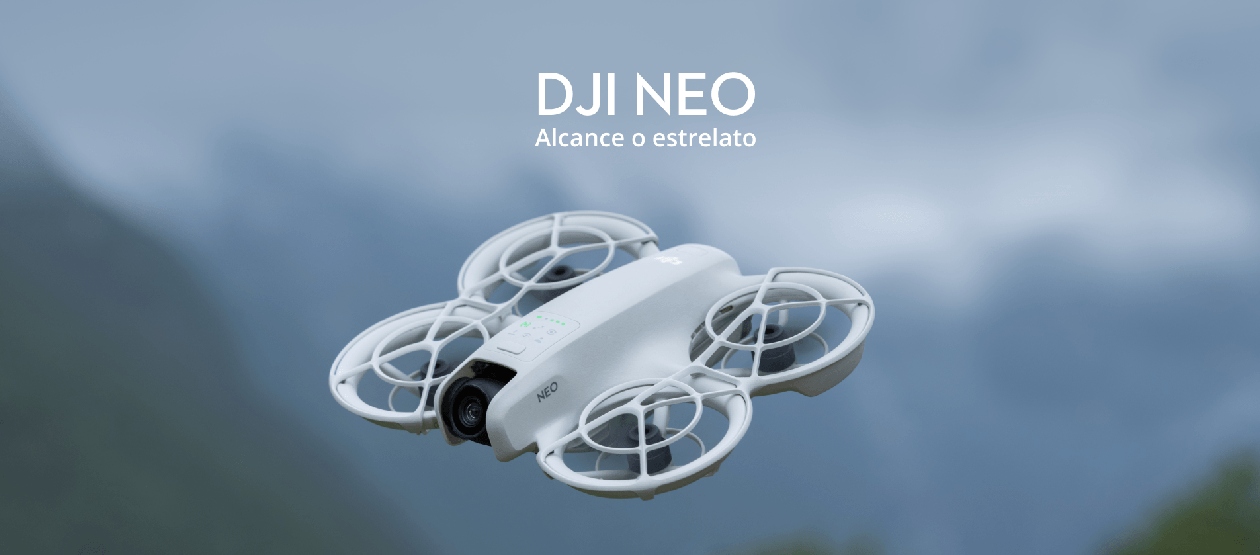 Banner promocional do DJI Neo em voo com o texto ´DJI NEO - Alcance o estrelato´