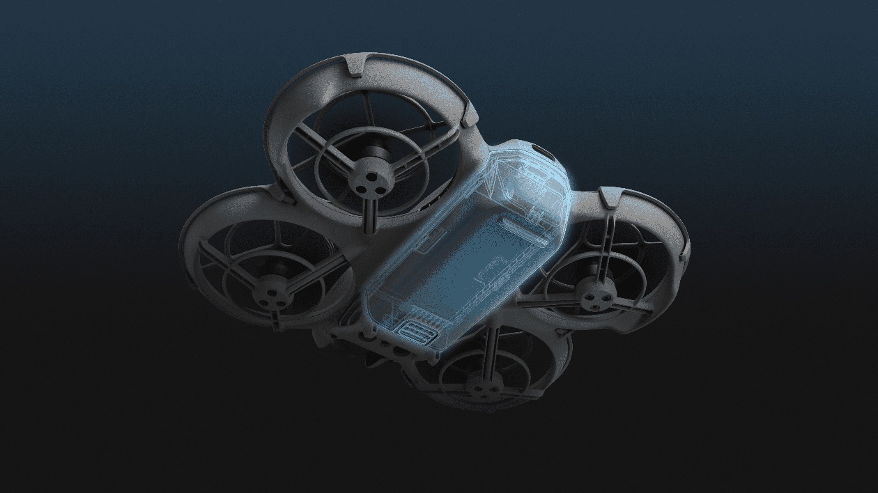Renderização com efeito raio-X destacando o encaixe inferior da bateria do DJI Neo