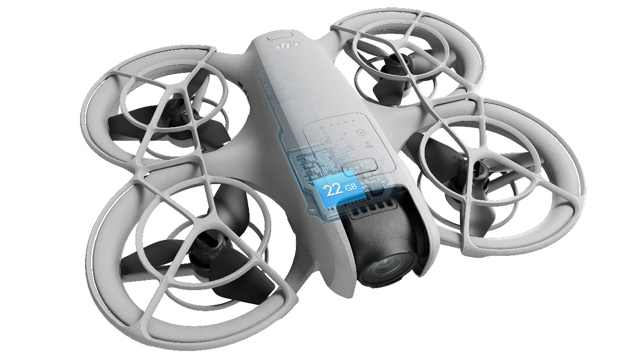Diagrama em transparência evidenciando os 22GB de memória interna do chip do DJI Neo