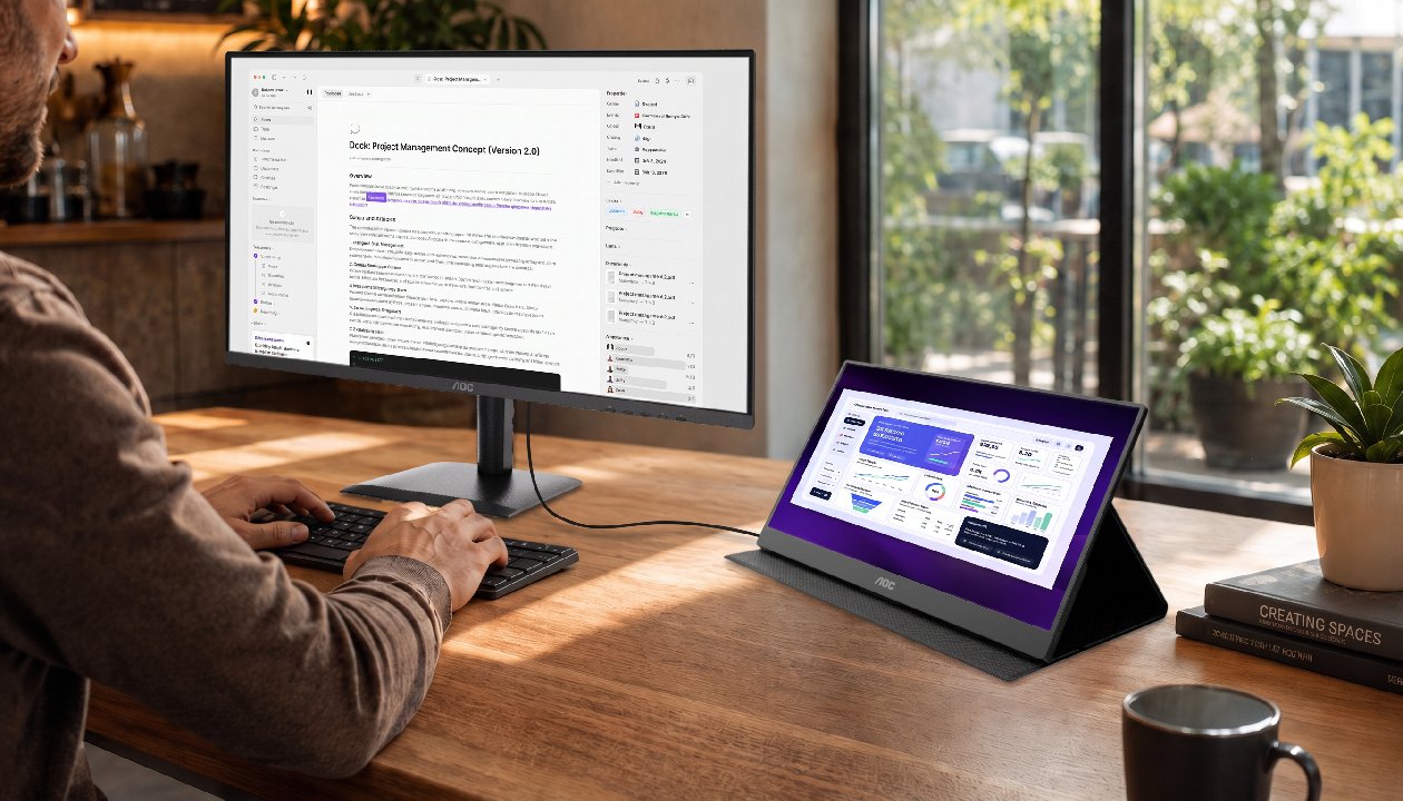 Setup de home office com monitor desktop AOC ao centro e monitor portátil AOC 16T20E2 à direita exibindo relatórios e gráficos em dual screen