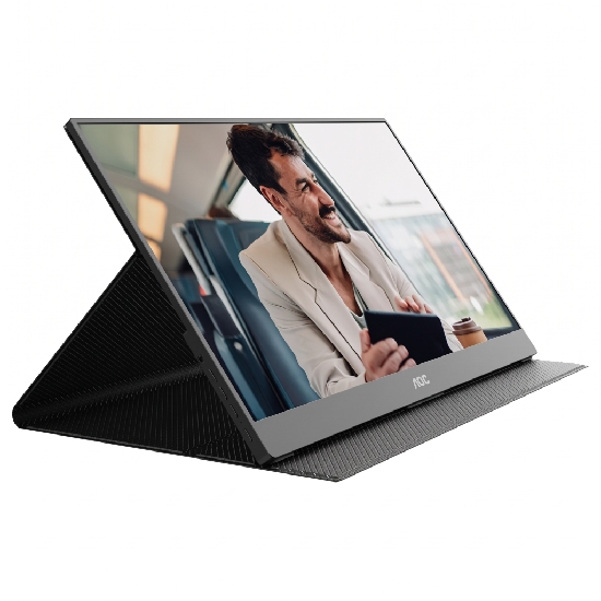 Visão frontal do monitor portátil AOC 16T20E2 com tela IPS ligada exibindo cores vibrantes e bordas finas