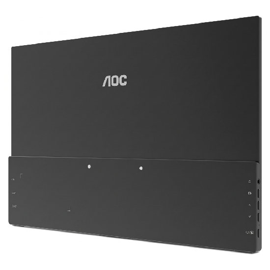 Painel traseiro do AOC 16T20E2 sem capa mostrando chassi ultra-fino, logotipo AOC e controles OSD na base