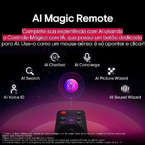 AI Magic Remote da Smart TV LG 43AU801C0SA com bot&atilde;o dedicado de IA e hub de recursos inteligentes