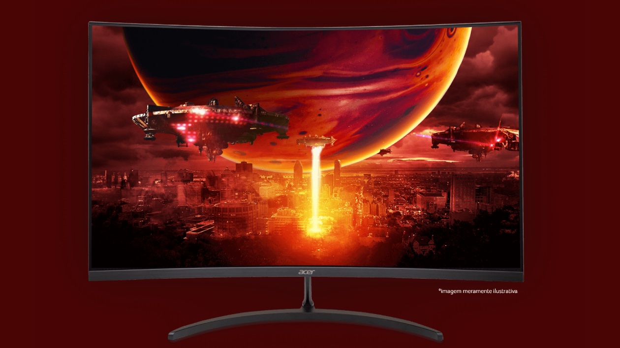 Monitor Acer Nitro EDT320Q com tela curva exibindo cena de jogo com cores vibrantes e alto contraste