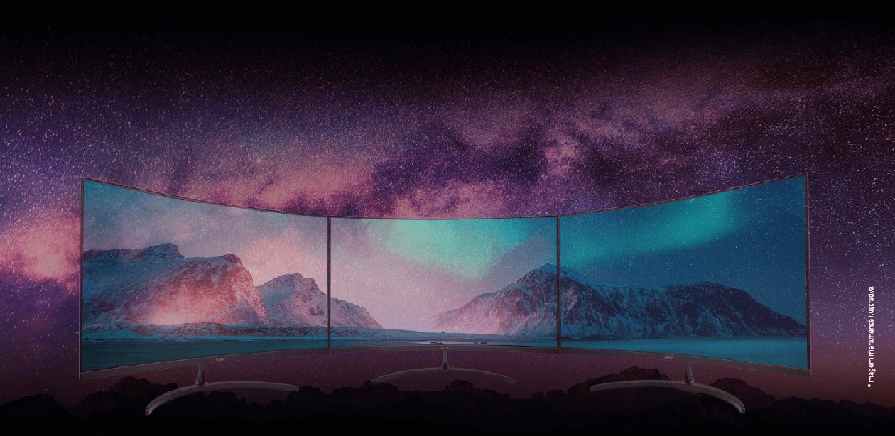 Design ZeroFrame do Acer Nitro eliminando bordas para experiência multi-monitor contínua e imersiva