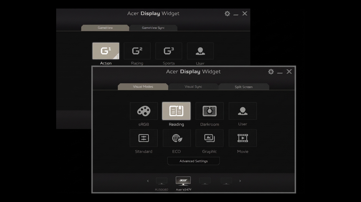 Interface do Acer Display Widget permitindo modificar configurações do monitor diretamente pelo software no Windows
