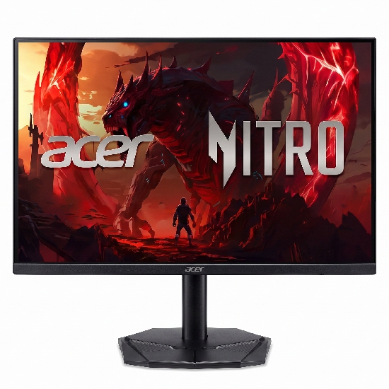 Visão frontal do monitor gamer Acer Nitro KG241Y com design ZeroFrame de bordas ultra-finas e logotipo Acer na base