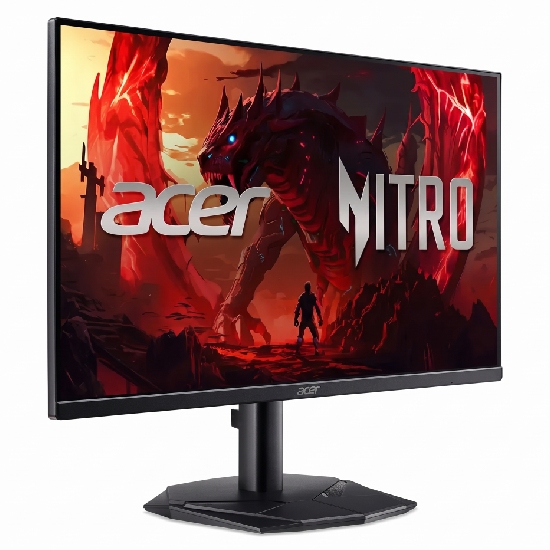 Vista em perspectiva angular do Acer Nitro KG241Y destacando o painel antirreflexo e a profundidade do chassi