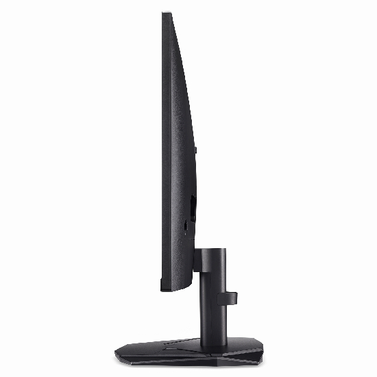 Perfil lateral do Acer Nitro KG241Y mostrando o mecanismo de inclinação e o clip de passagem de cabos na coluna