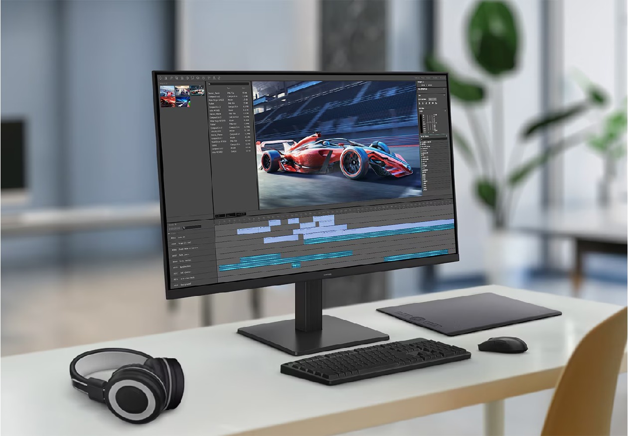 Monitor Samsung S3 Essential 24 polegadas LS24F320GALMZD exibindo os quatro recursos principais: Painel IPS, 120Hz, Game Picture Mode e Eye Saver Mode ao lado do monitor frontal em ambiente de escritório
