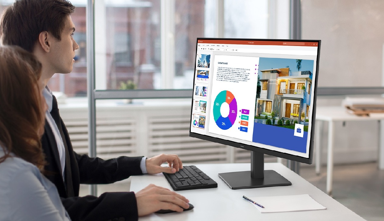 Monitor Samsung S3 Essential exibindo cores vibrantes e púrpuras intensas no painel IPS, demonstrando fidelidade de cores sem lavagem mesmo em ângulos amplos