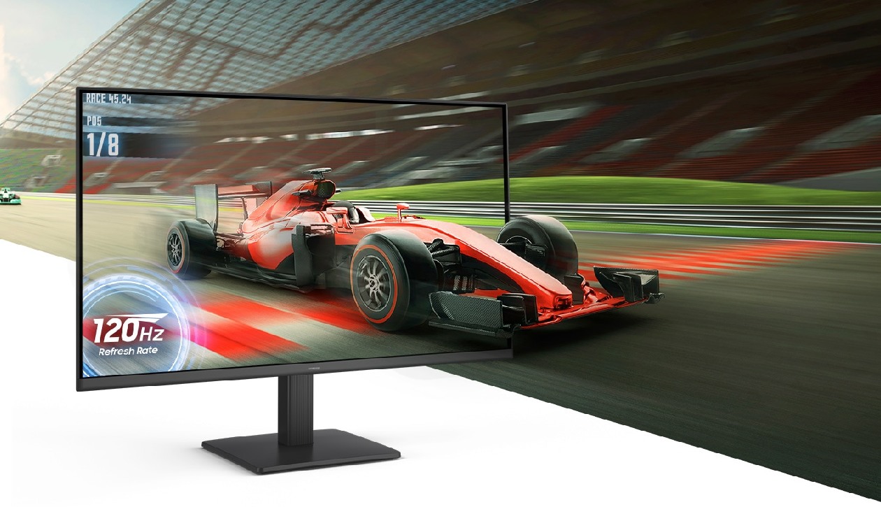 Monitor Samsung S3 Essential mostrando cena de jogo com taxa de atualização de 120Hz, sem desfoque de movimento e com fluidez visível na ação em tempo real
