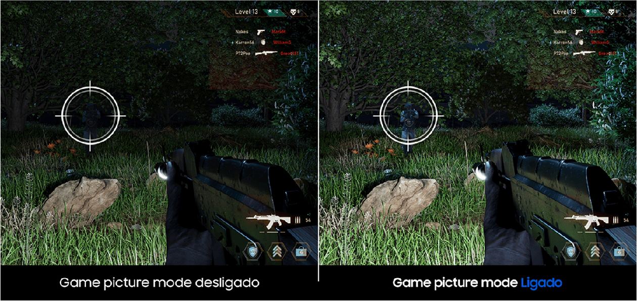 Monitor Samsung S3 Essential com Game Picture Mode ativado exibindo cena de jogo com cores acentuadas, maior contraste e detalhes visíveis em áreas escuras