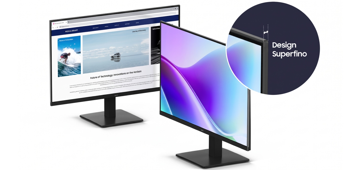 Monitor Samsung S3 Essential visto de perfil destacando o design superfino com bordas ultrafinas, espessura reduzida e aparência moderna e elegante em ambiente clean