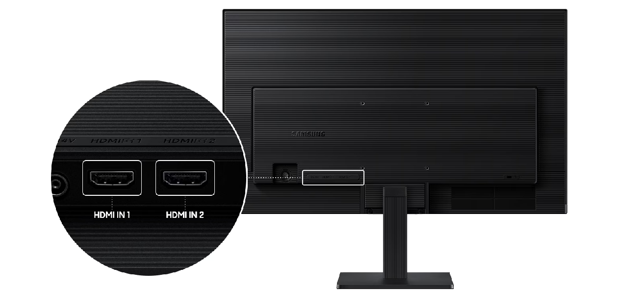 Monitor Samsung S3 Essential exibindo as duas entradas HDMI na parte traseira e cabo HDMI conectado, demonstrando a conectividade múltipla com dispositivos diferentes
