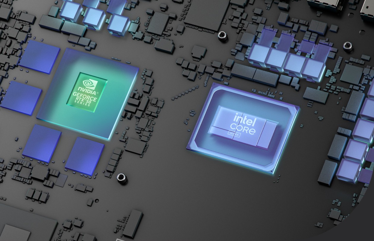 Render técnica destacando o processador Intel Core Ultra 9 275HX e a placa de vídeo NVIDIA GeForce RTX 5070 no interior do Dell Alienware Area-51 16